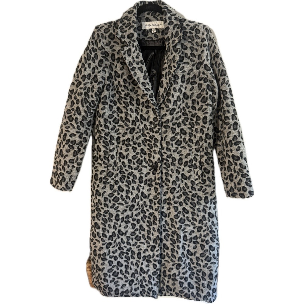 Sebby Collection Womens Gray Leopard Print Long Coat Jacket Size S
